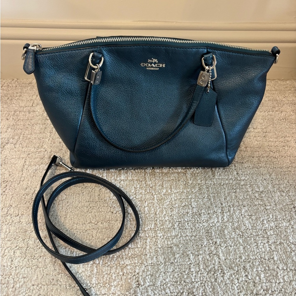 Coach small Kelsey satchel in metallic dark teal pebble leather with silver-tone